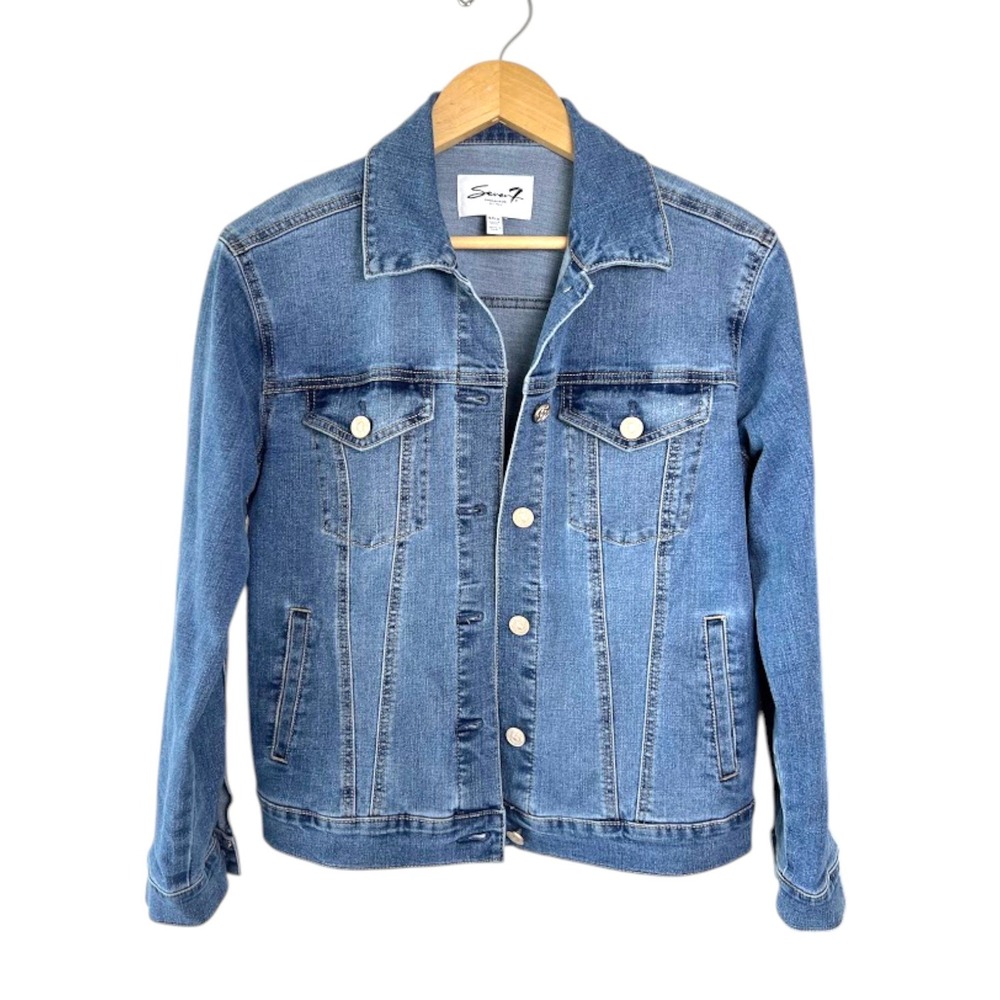 Seven7 Womens Denim Jacket Medium Wash Blue Stretch Button Up Size S Small